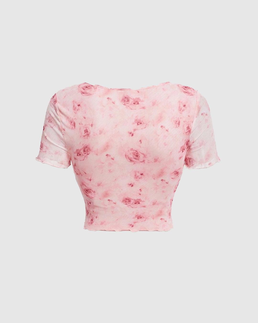 Pink Romantic Printed Lettuce Trim Tie Front Crop Top