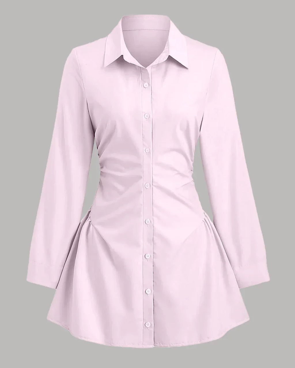 Pink Ruched Shirt Dress with Long Sleeves