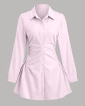 Pink Ruched Shirt Dress with Long Sleeves