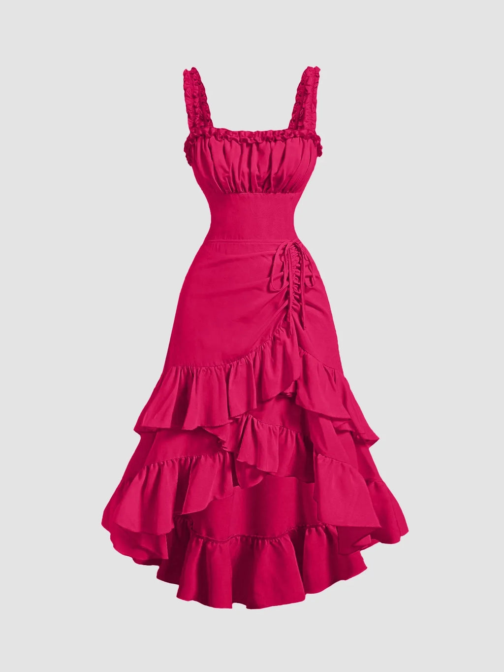 Pink Ruched Square Neck Ruffle High-Low Midi Dress with Ruffle Hem