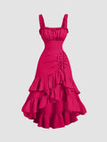 Pink Ruched Square Neck Ruffle High-Low Midi Dress with Ruffle Hem