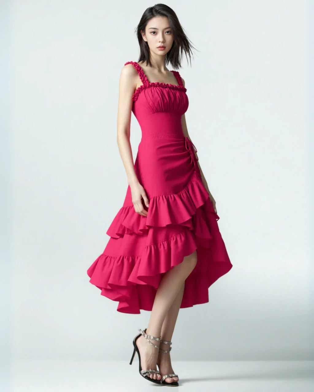 Pink Ruched Square Neck Ruffle High-Low Midi Dress with Ruffle Hem
