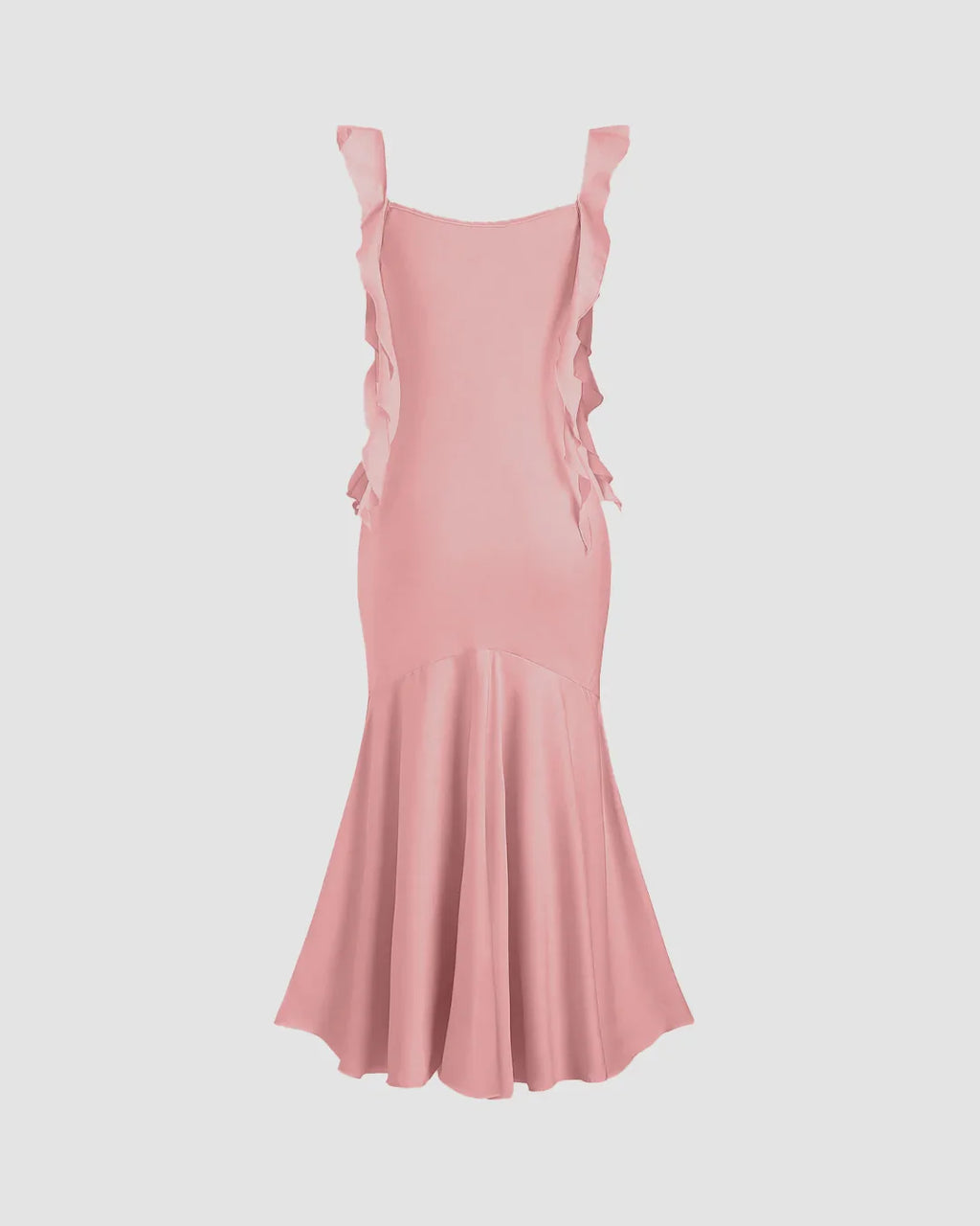 Pink Ruffle Strap Fishtail Midi Dress