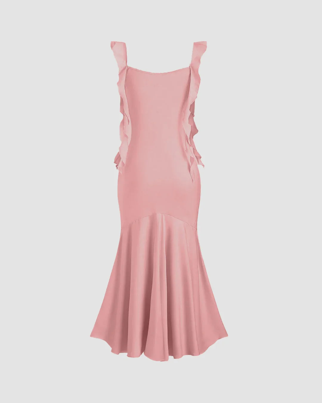 Pink Ruffle Strap Fishtail Midi Dress