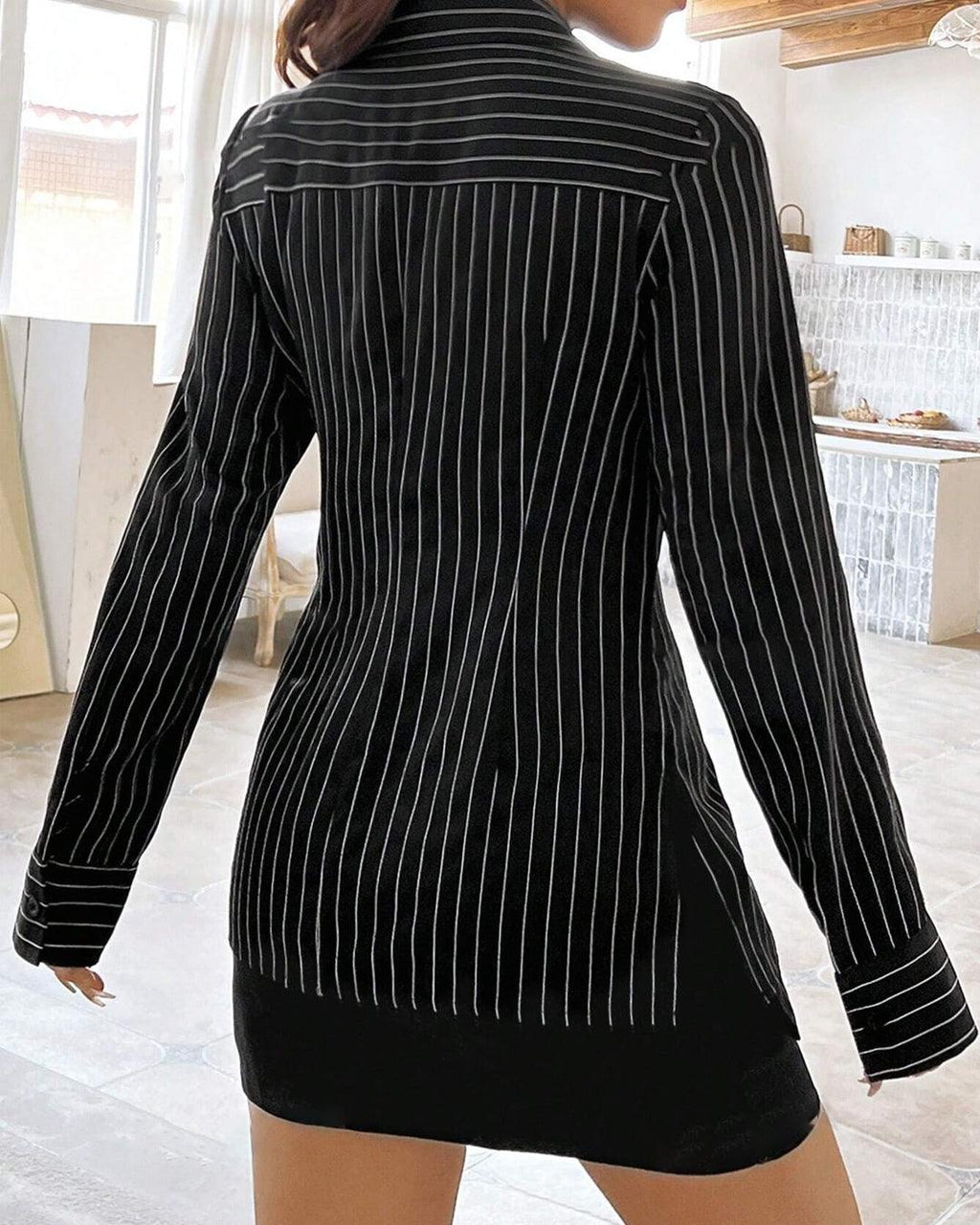 Pinstripe Collared Full Sleeve Formal Shirt in Black