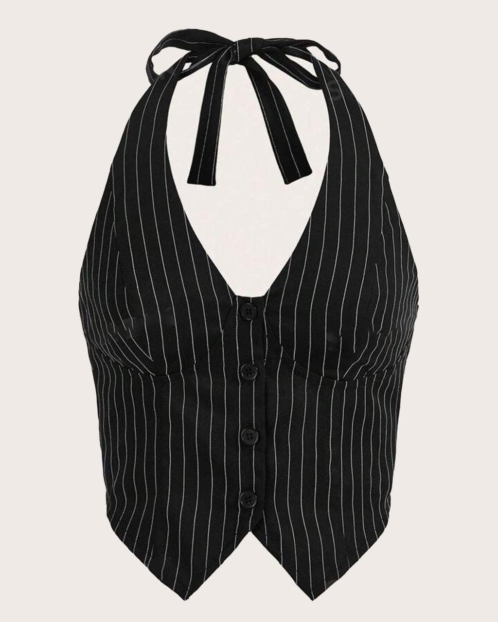 Pinstripe Tie Neck Button Front Halter Sleeveless Top in Black