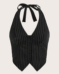 Pinstripe Tie Neck Button Front Halter Sleeveless Top in Black