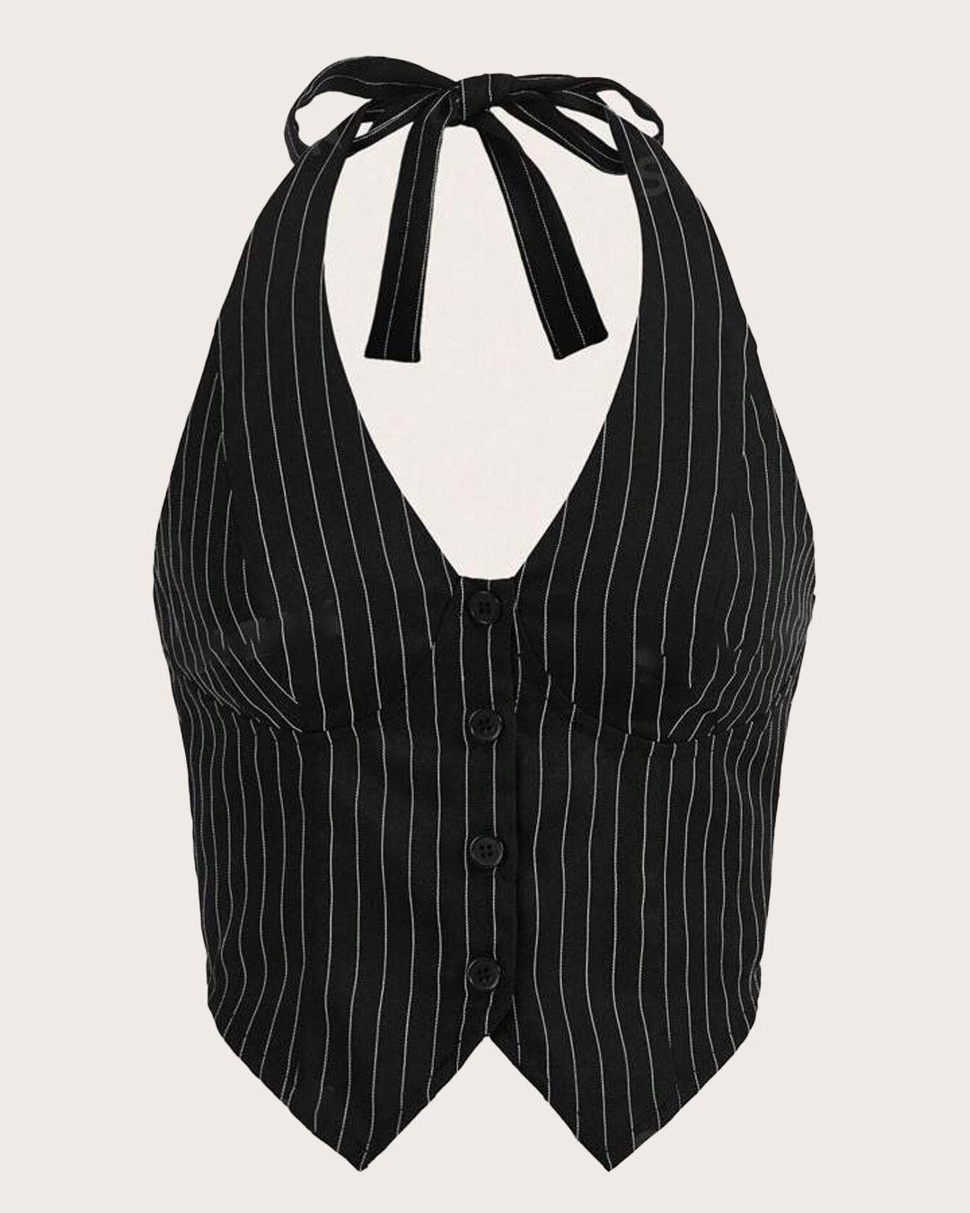 Pinstripe Tie Neck Button Front Halter Sleeveless Top in Black