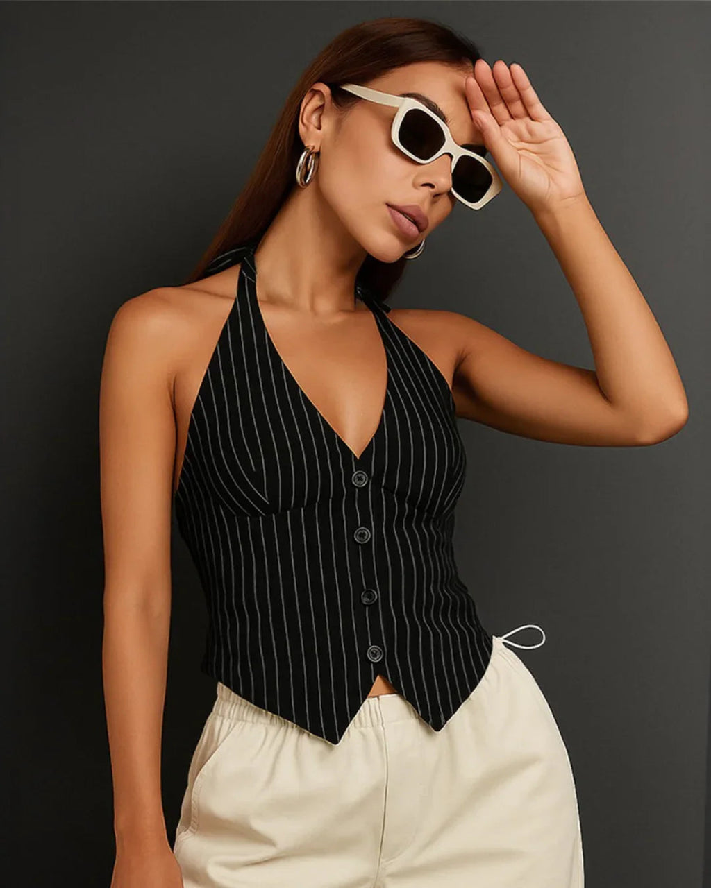 Pinstripe Tie Neck Button Front Halter Sleeveless Top in Black