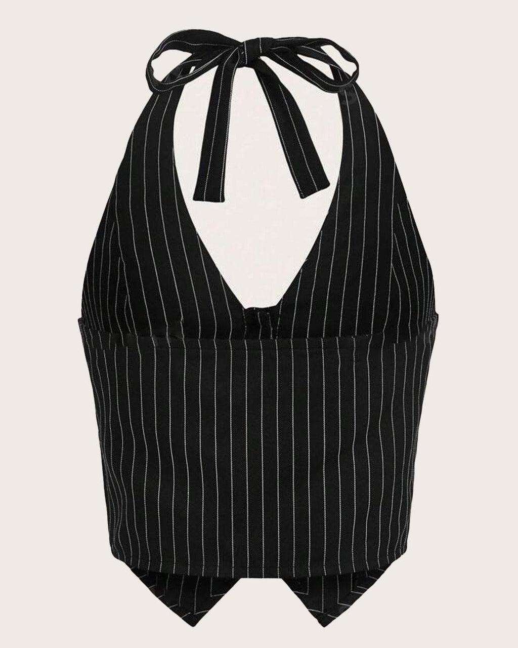 Pinstripe Tie Neck Button Front Halter Sleeveless Top in Black