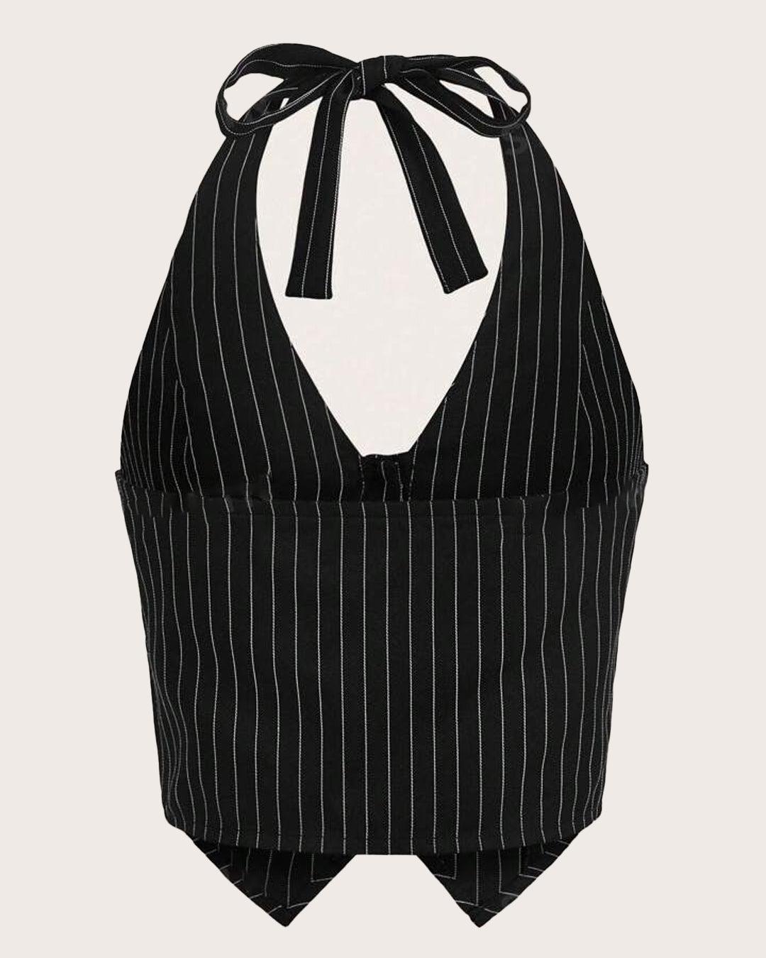 Pinstripe Tie Neck Button Front Halter Sleeveless Top in Black