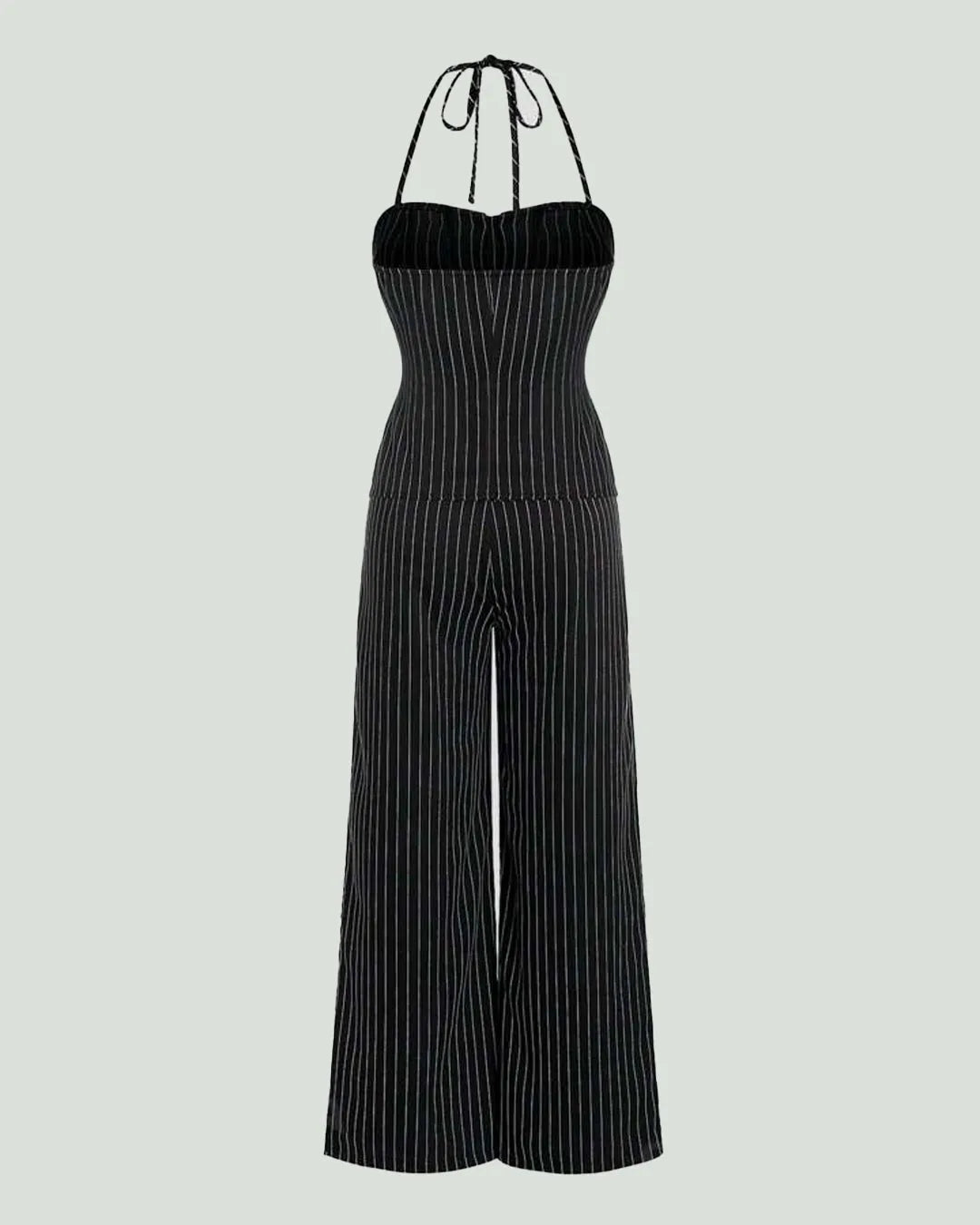 Pinstriped Halter Neck Sleeveless Top And Pants Set In Black