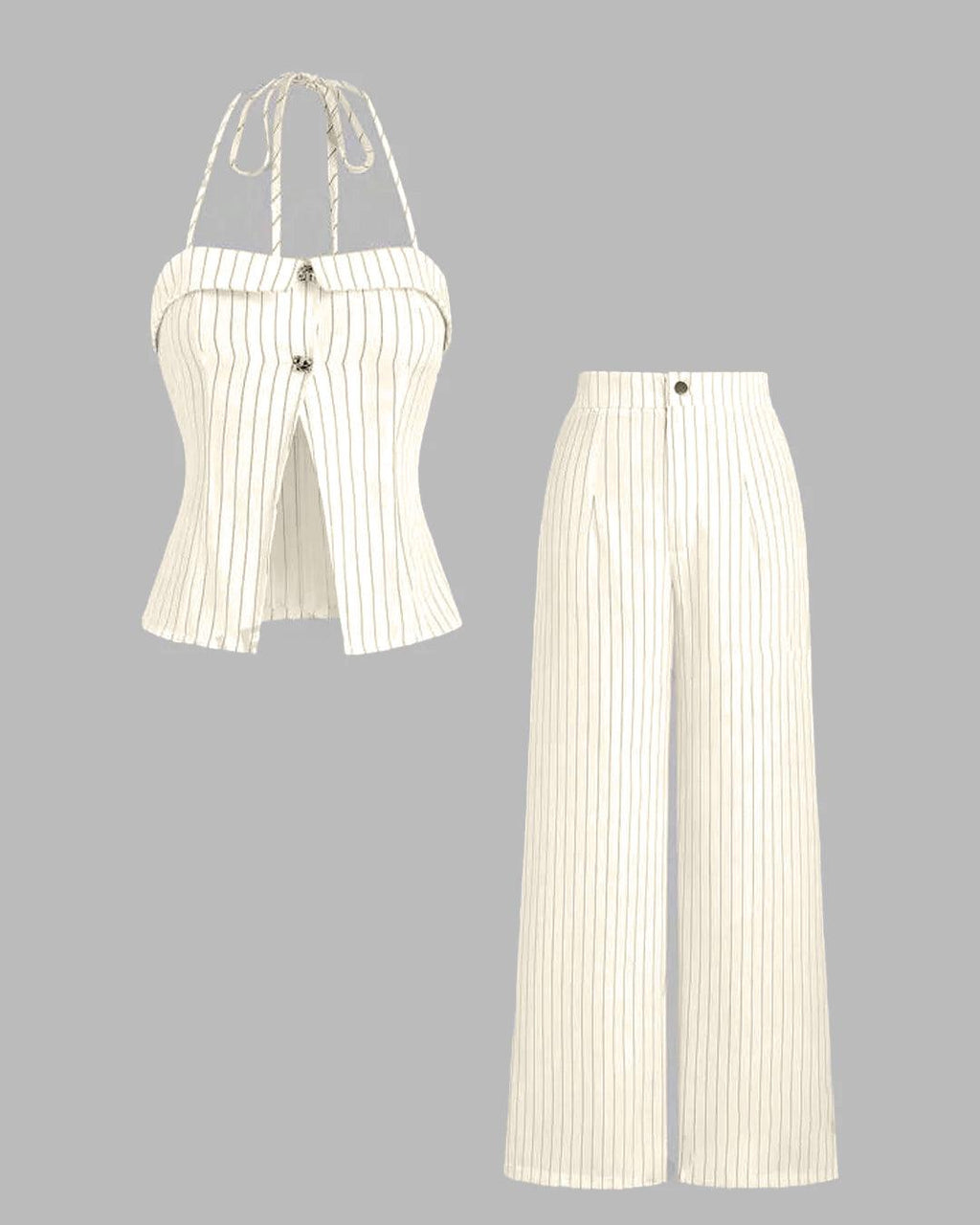 Pinstriped Halter Neck Sleeveless Top And Pants Set In Off-White
