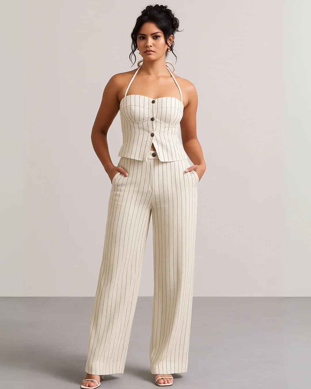 Pinstriped Halter Neck Sleeveless Top And Pants Set In Off-White