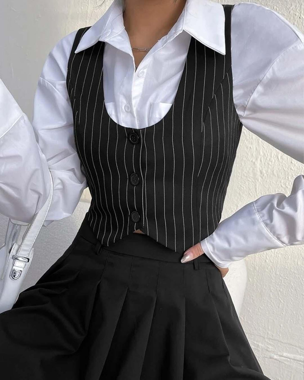 Pinstriped Single Breasted Crop Waistcoat Without Shirt