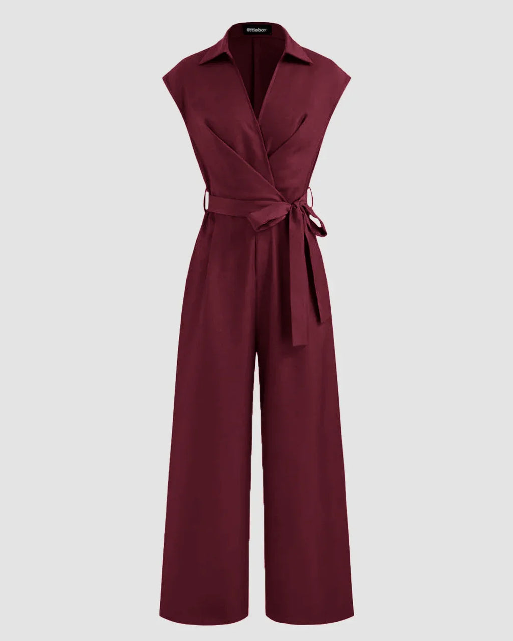 Plain Collar Jumpsuit With Pockets And Belt In Burgundy