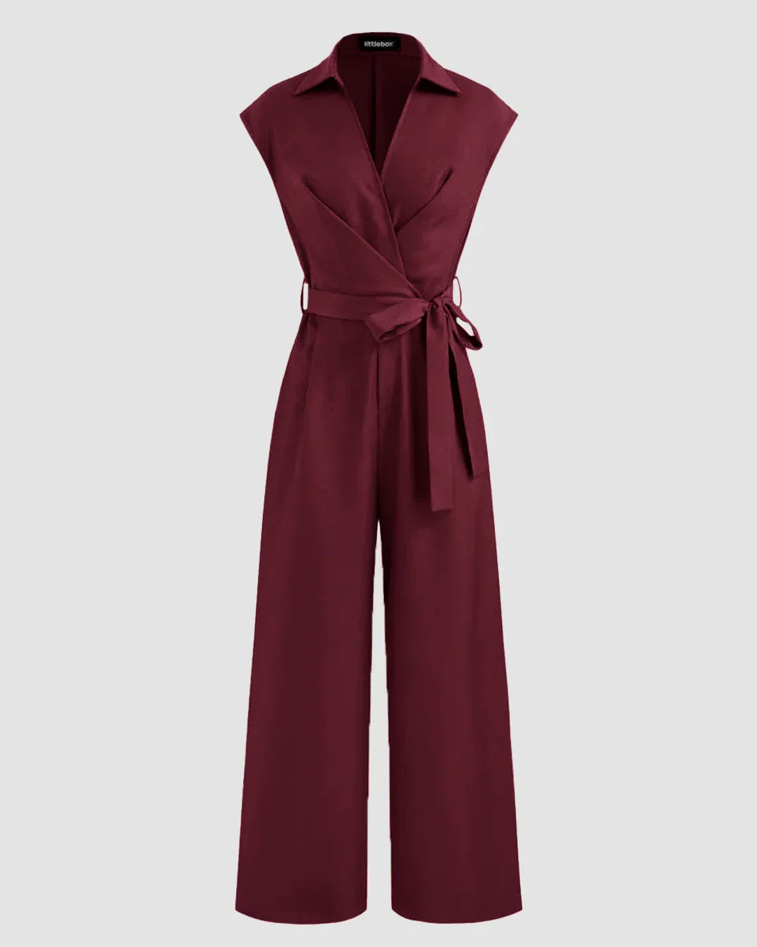 Plain Collar Jumpsuit With Pockets And Belt In Burgundy