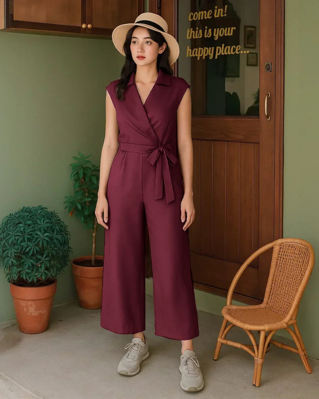 Plain Collar Jumpsuit With Pockets And Belt In Burgundy