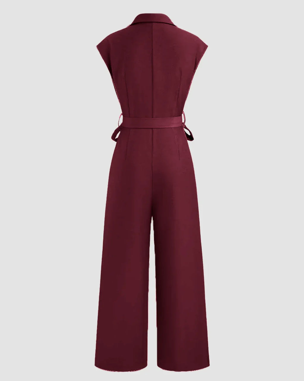 Plain Collar Jumpsuit With Pockets And Belt In Burgundy