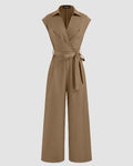 Plain Collar Jumpsuit With Pockets And Belt In Mud Brown