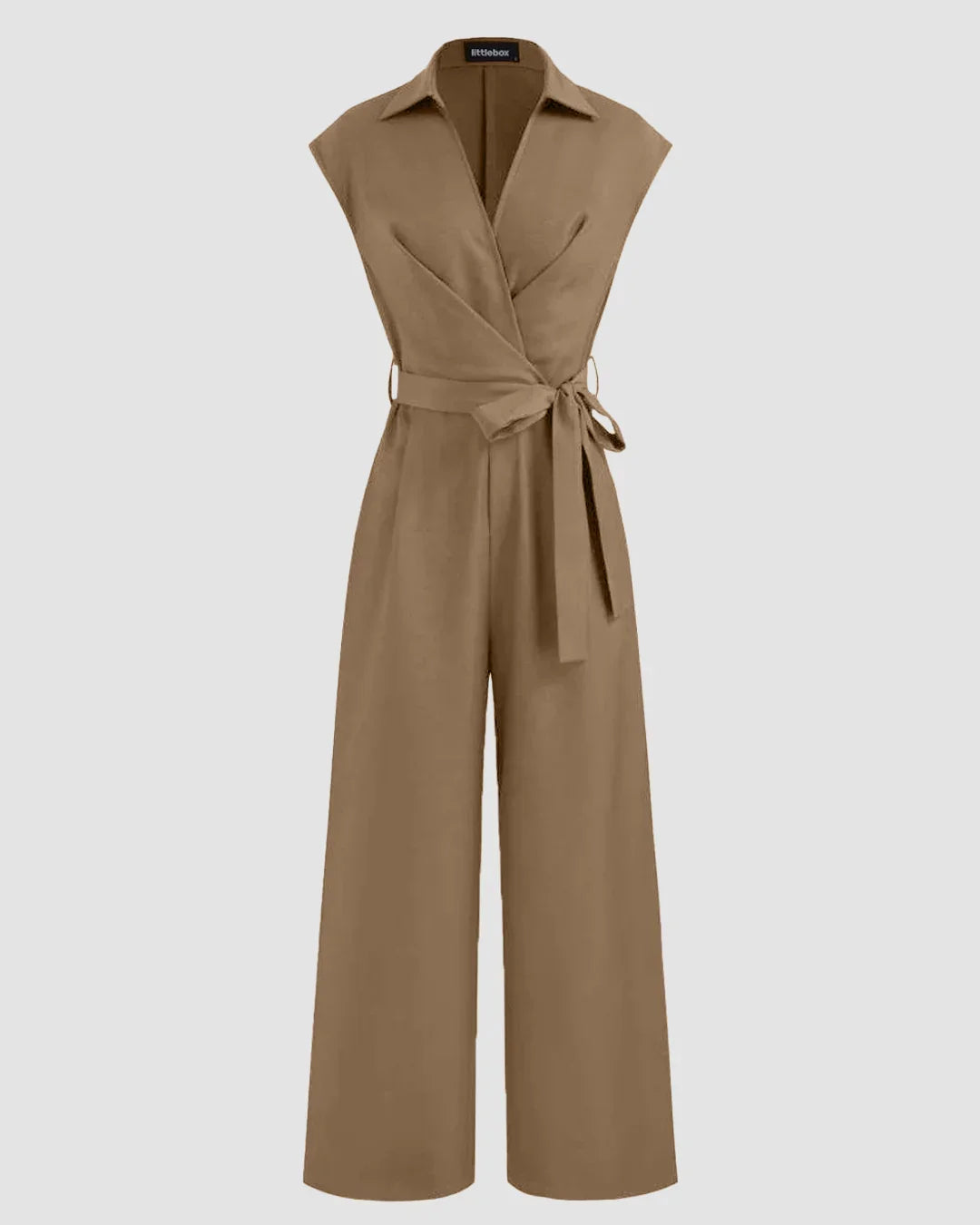 Plain Collar Jumpsuit With Pockets And Belt In Mud Brown