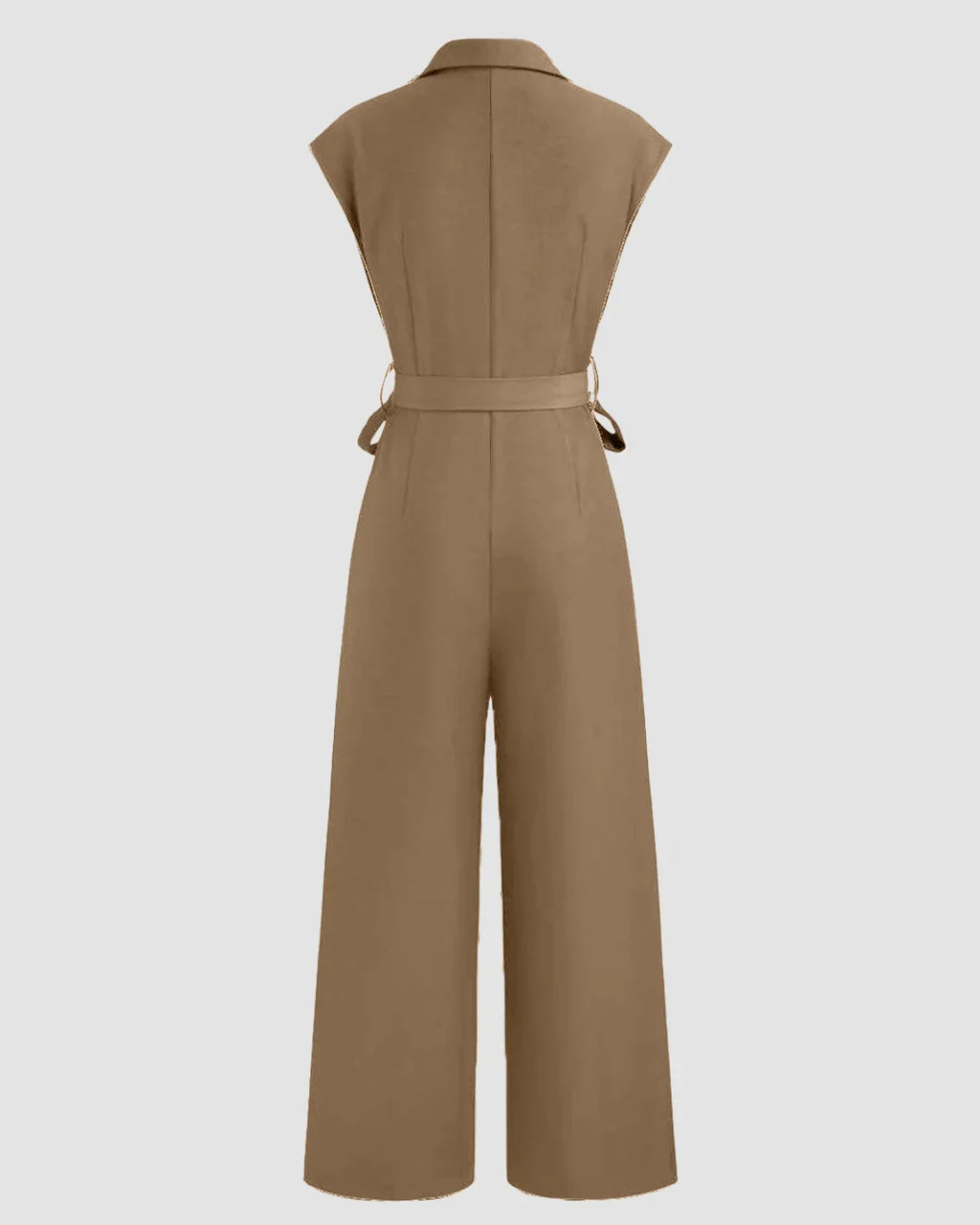 Plain Collar Jumpsuit With Pockets And Belt In Mud Brown