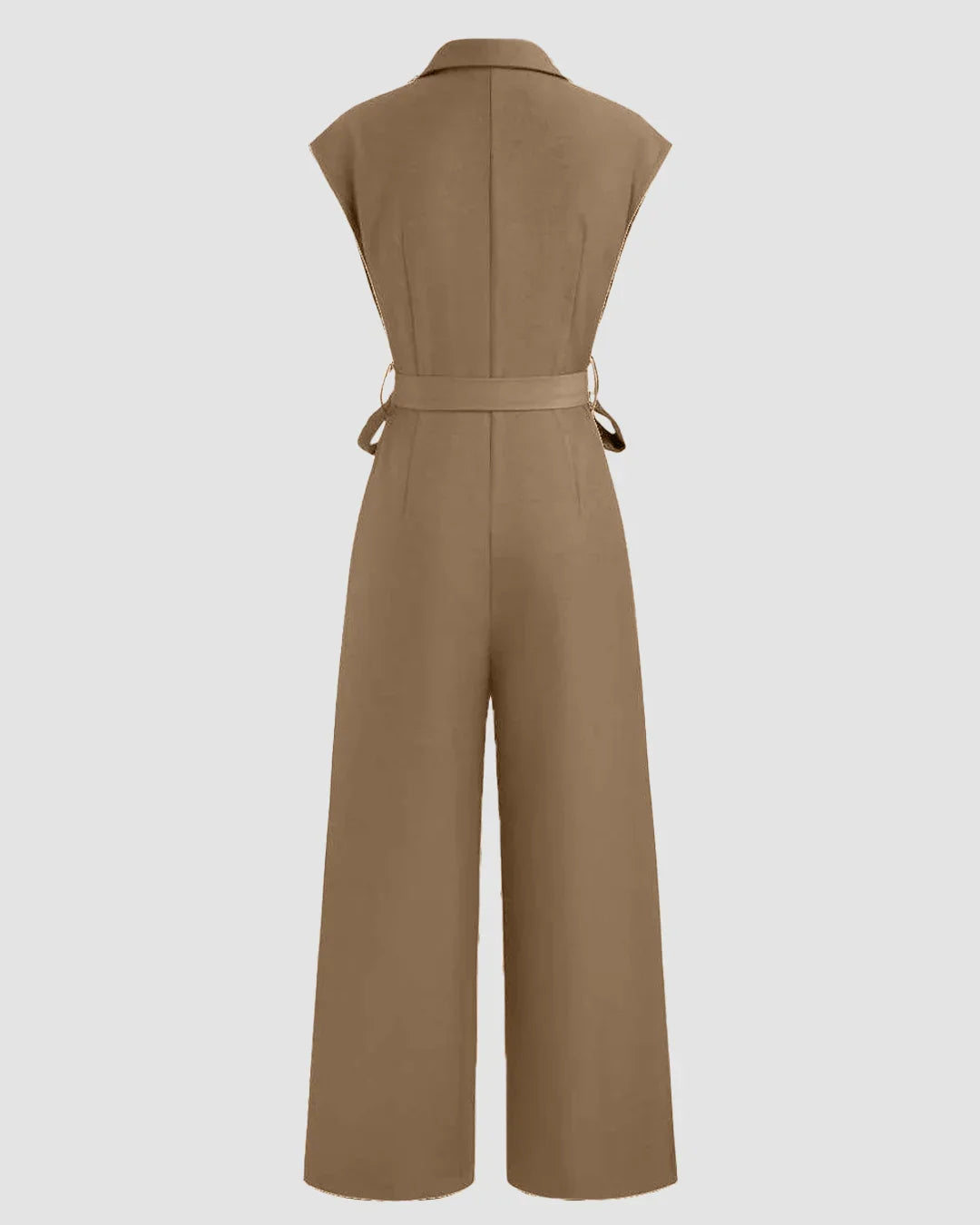 Plain Collar Jumpsuit With Pockets And Belt In Mud Brown