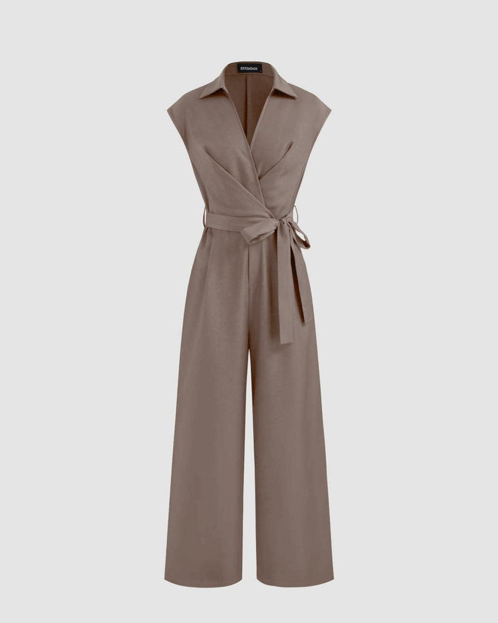 Plain Collar Sleeveless Jumpsuit With Pockets And Belt In Brown