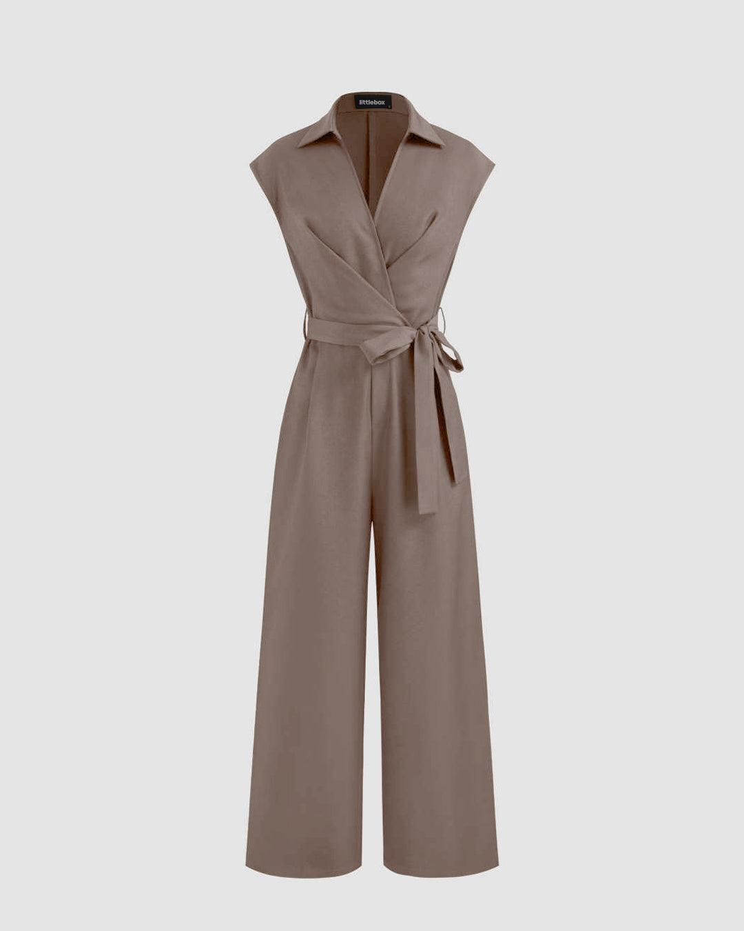 Plain Collar Sleeveless Jumpsuit With Pockets And Belt In Brown