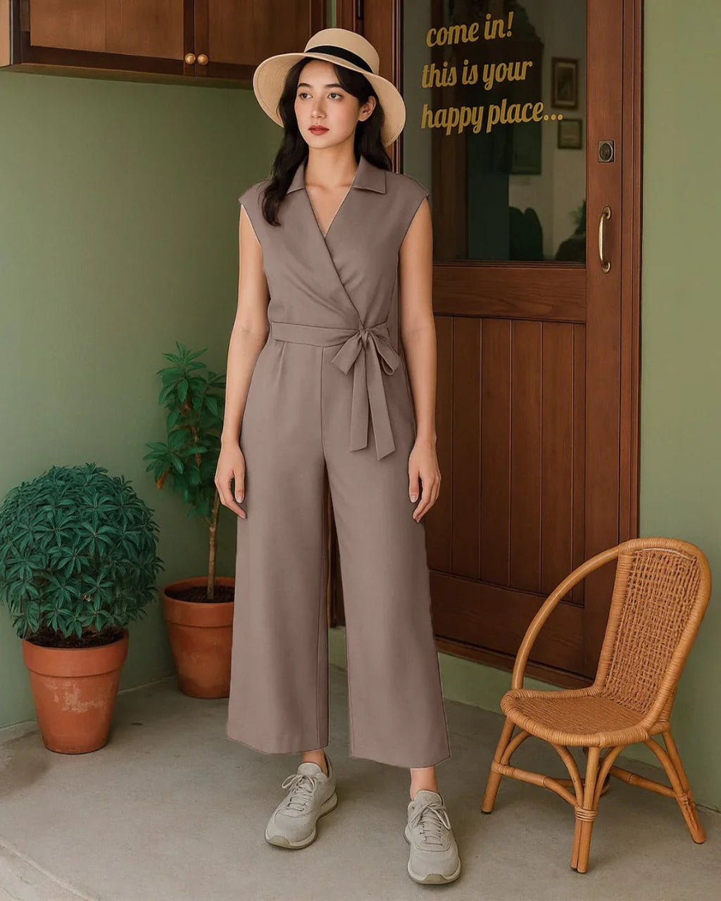 Plain Collar Sleeveless Jumpsuit With Pockets And Belt In Brown