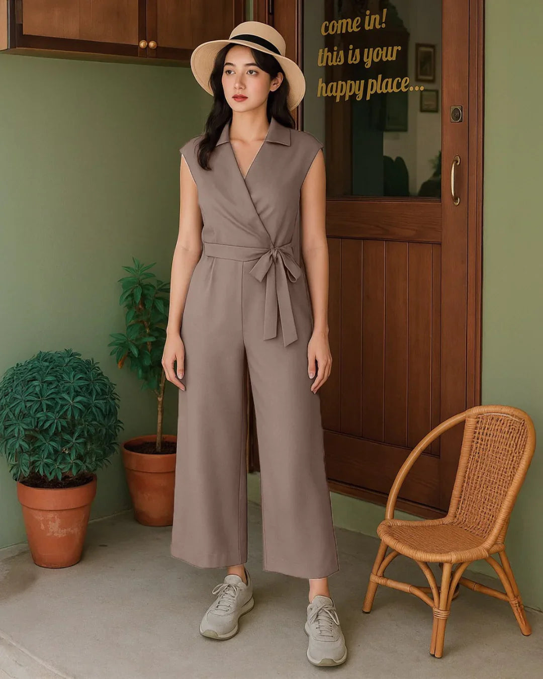 Plain Collar Sleeveless Jumpsuit With Pockets And Belt In Brown