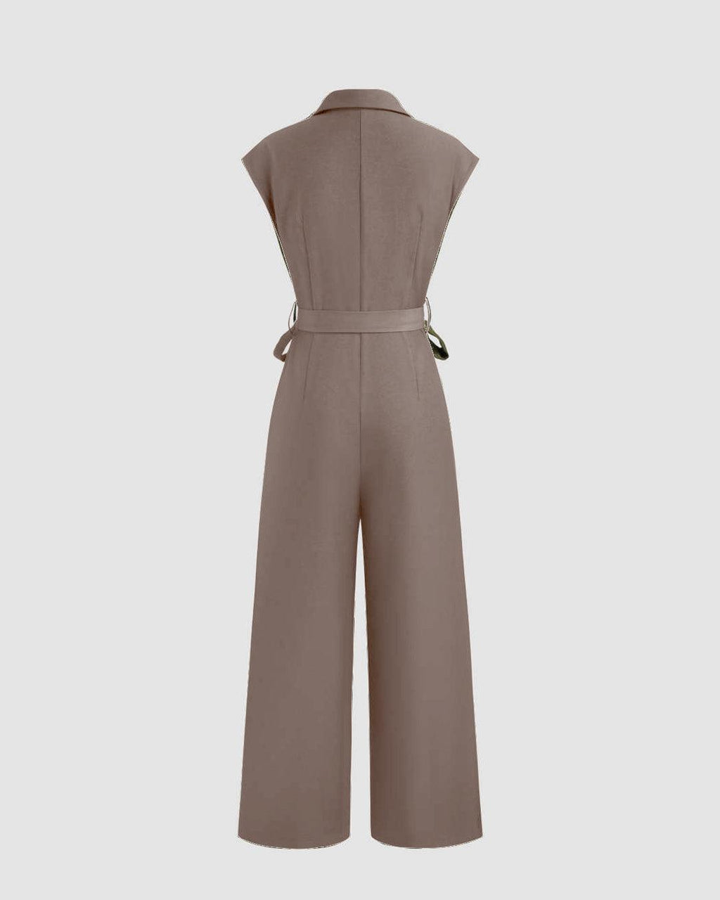 Plain Collar Sleeveless Jumpsuit With Pockets And Belt In Brown