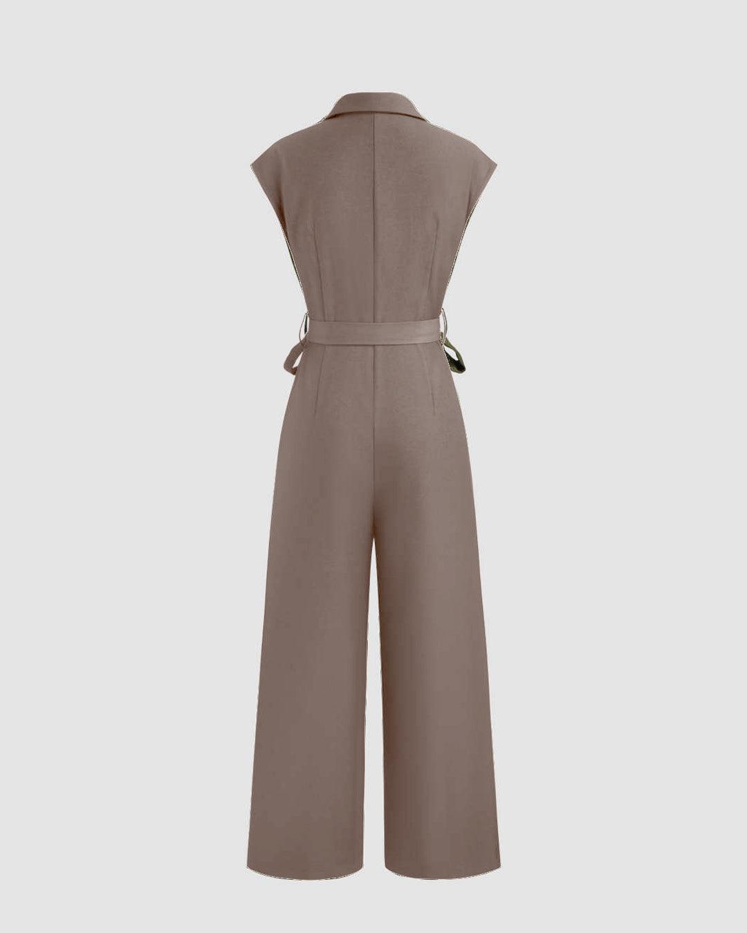 Plain Collar Sleeveless Jumpsuit With Pockets And Belt In Brown