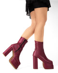 Platform Ankle Length Boots with High Block Heel in Cherry Red