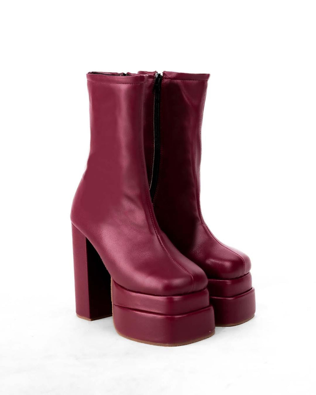 Platform Ankle Length Boots with High Block Heel in Cherry Red