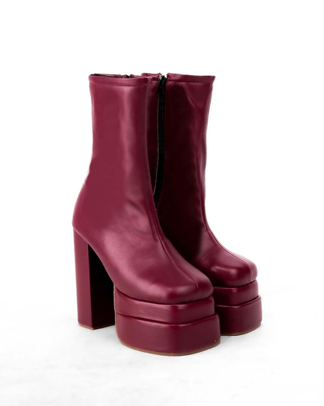 Platform Ankle Length Boots with High Block Heel in Cherry Red
