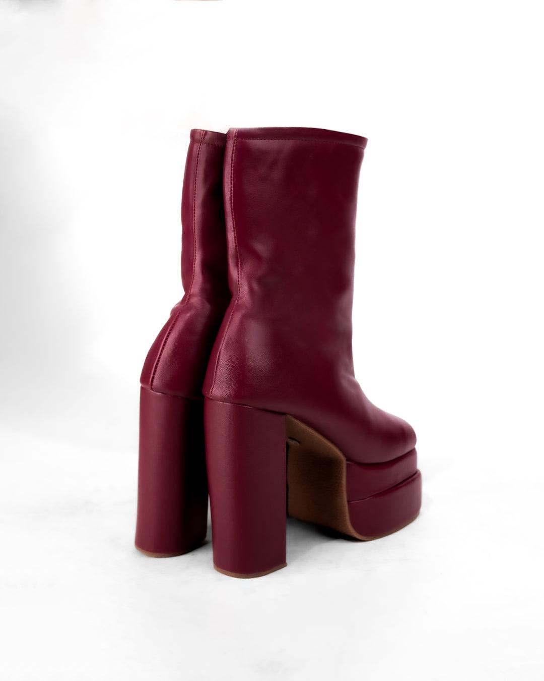 Platform Ankle Length Boots with High Block Heel in Cherry Red