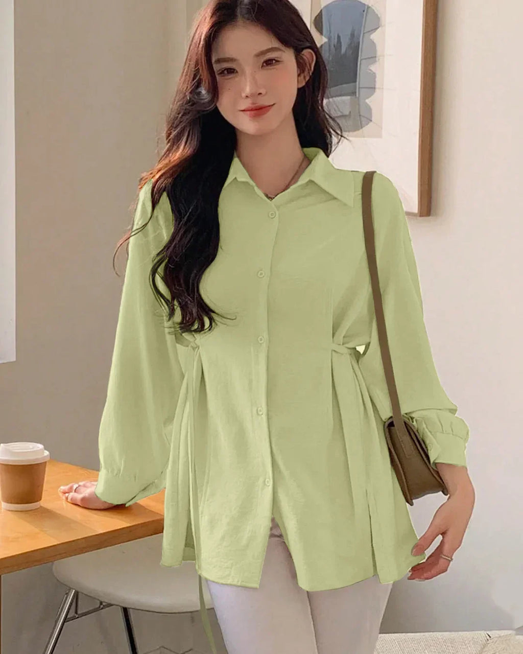 Pleated Button Down Full Sleeve Shirt in Herbal