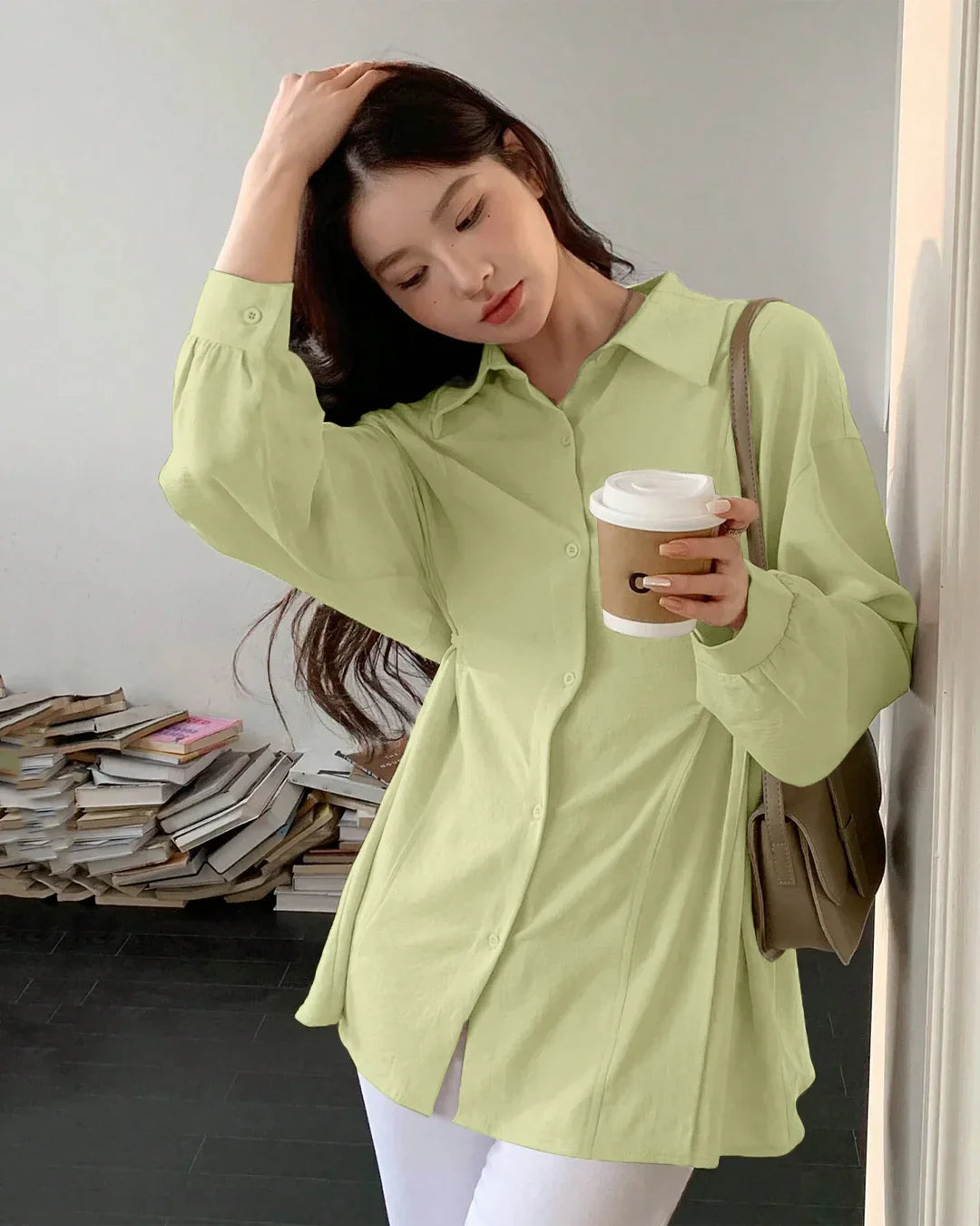 Pleated Button Down Full Sleeve Shirt in Herbal