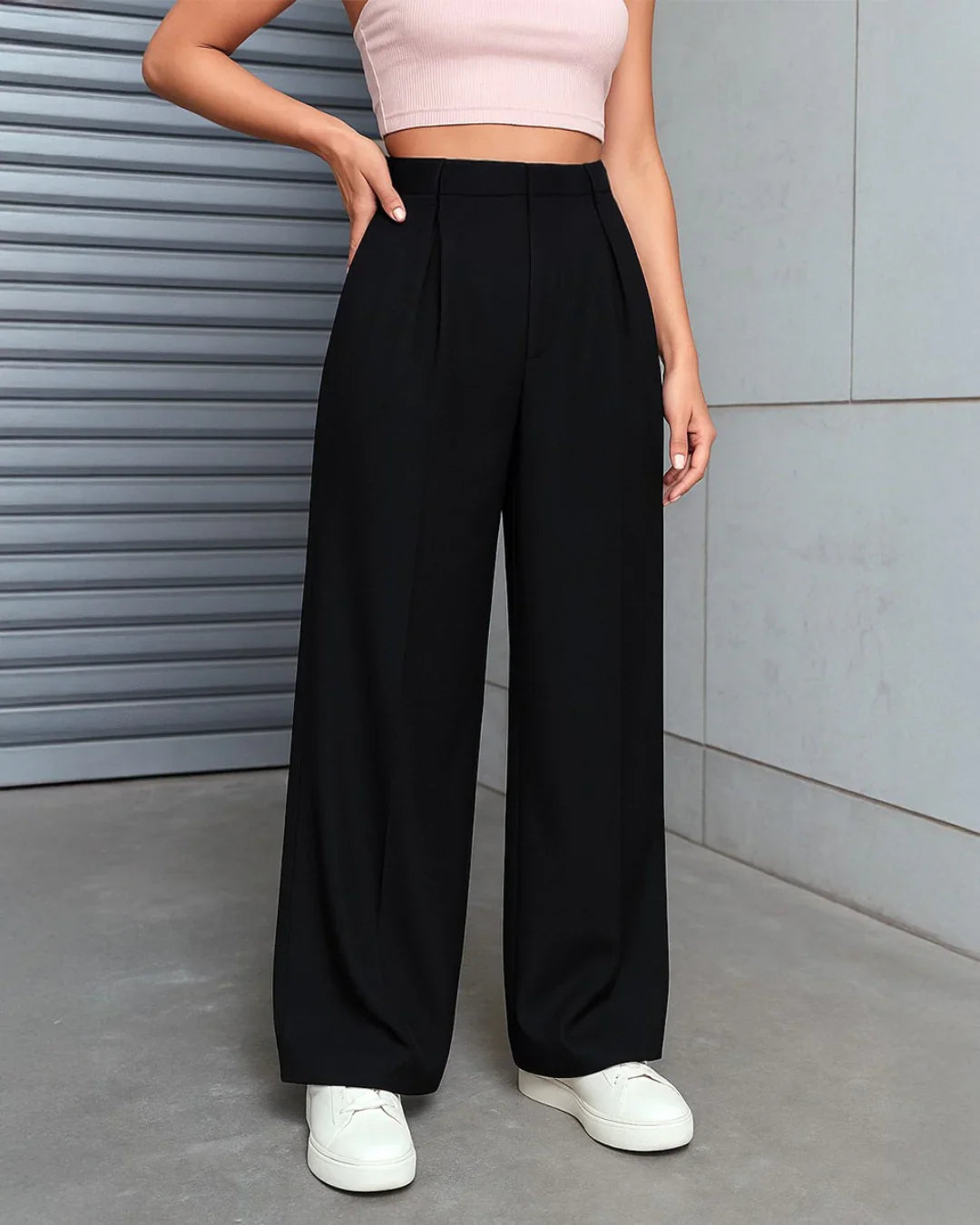 Pleated High Waisted Wide Leg Trousers in Black