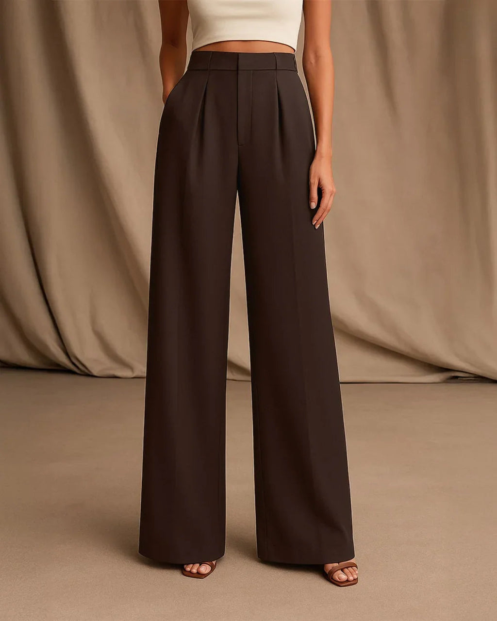 Pleated High Waisted Wide Leg Trousers in Coco