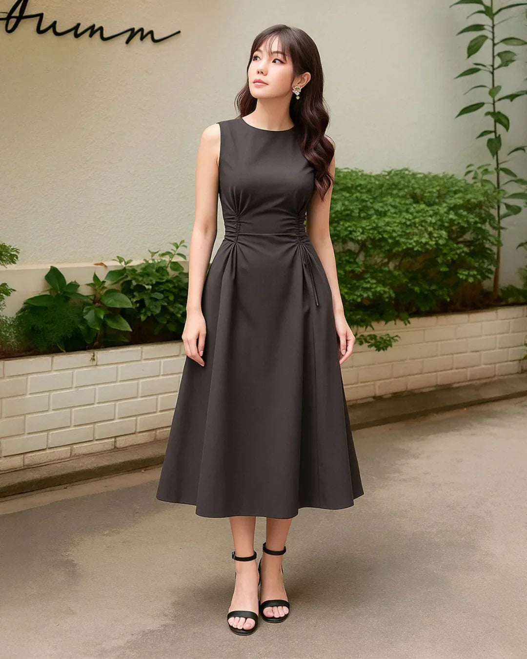 Plum Kitten Sleeveless Midi Dress with Side Ruched Detail
