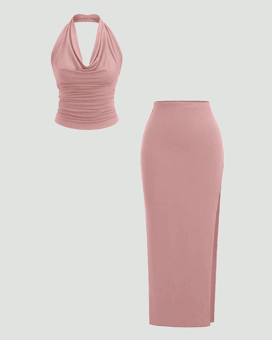 Plunge Neck Backless Halter Top And Slit Side Skirt Set In In Pink