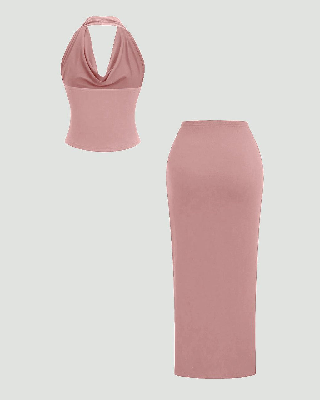 Plunge Neck Backless Halter Top And Slit Side Skirt Set In In Pink