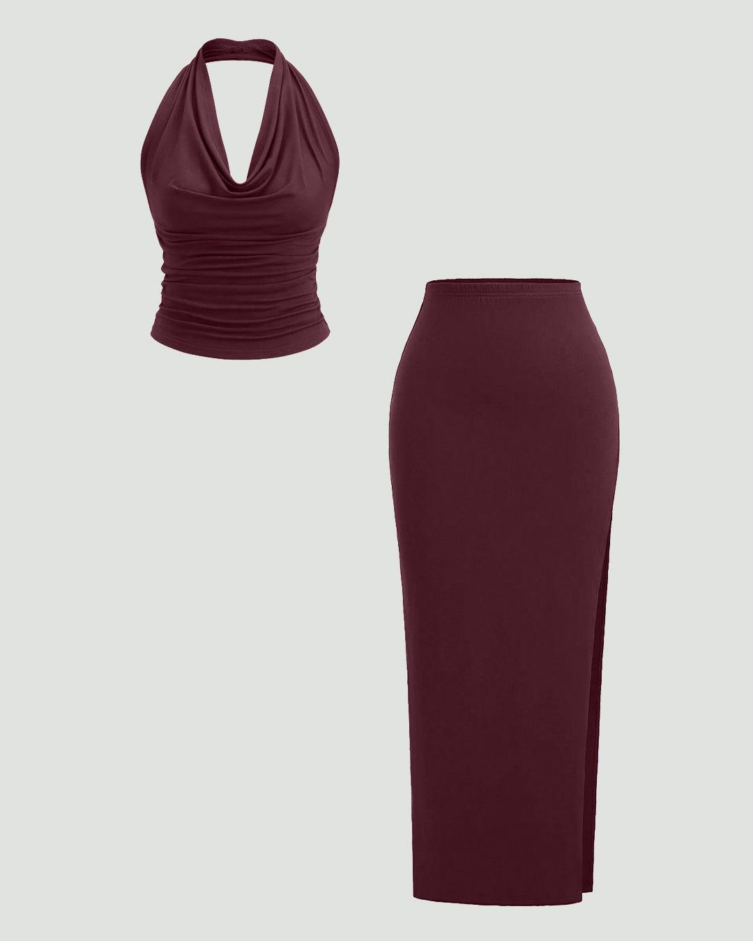Plunge Neck Backless Halter Top And Slit Side Skirt Set In Maroon