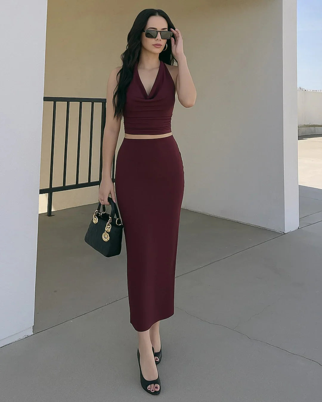 Plunge Neck Backless Halter Top And Slit Side Skirt Set In Maroon
