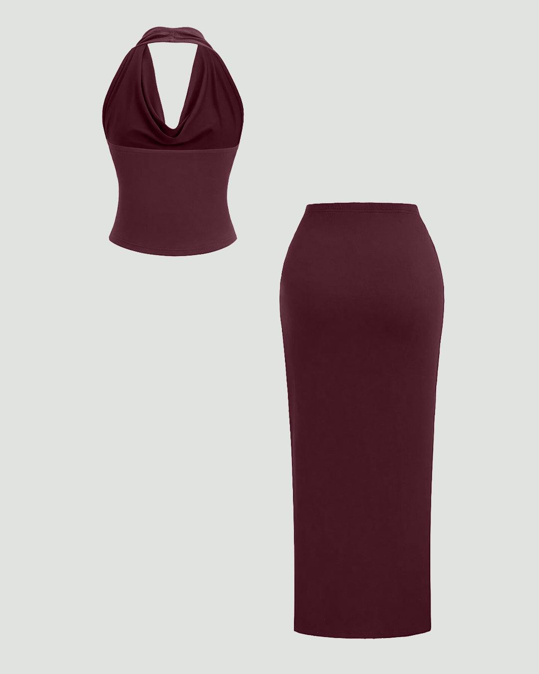 Plunge Neck Backless Halter Top And Slit Side Skirt Set In Maroon