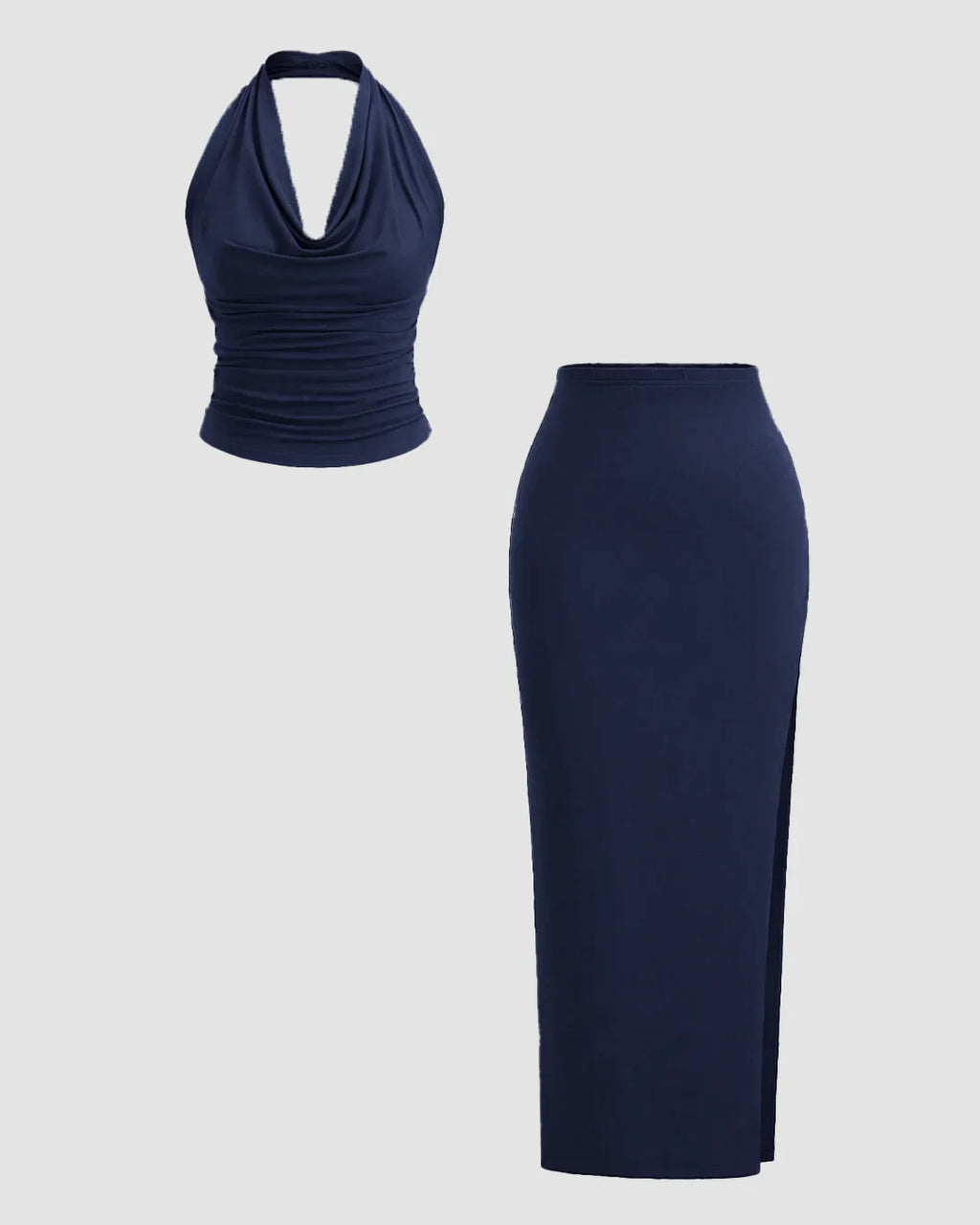 Plunge Neck Backless Halter Top And Slit Side Skirt Set In Navy