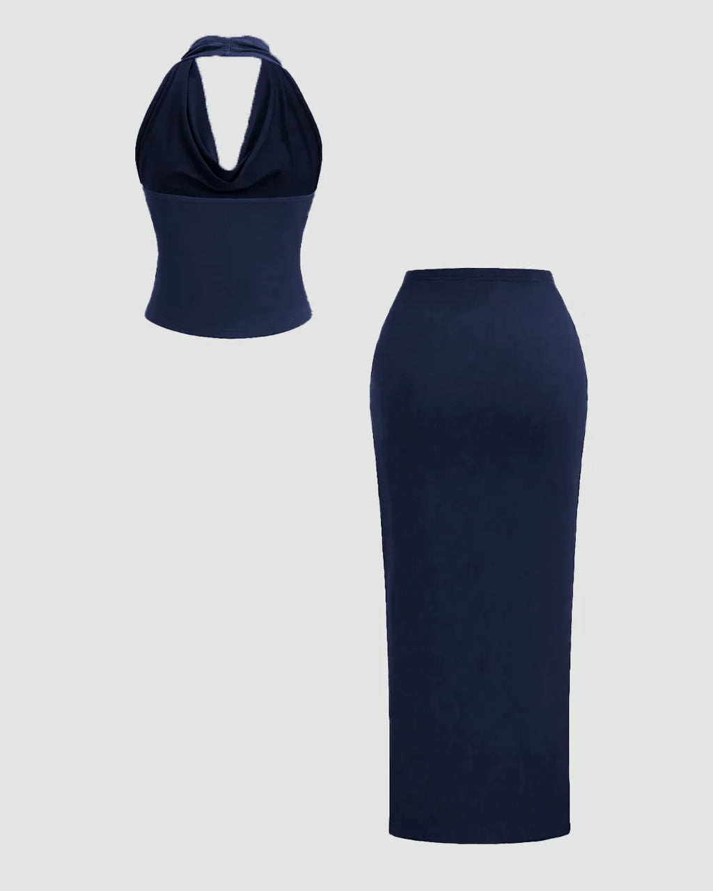 Plunge Neck Backless Halter Top And Slit Side Skirt Set In Navy