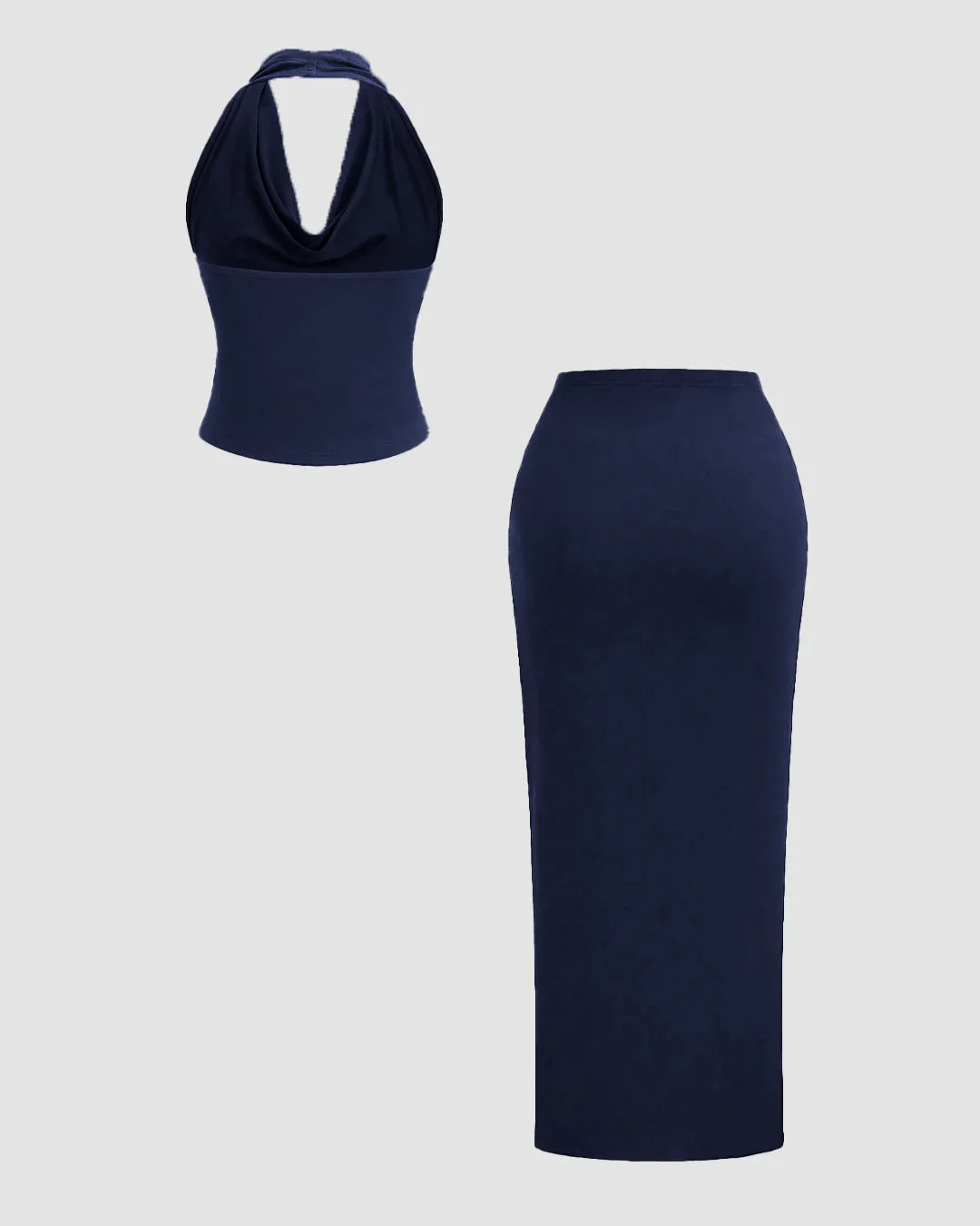 Plunge Neck Backless Halter Top And Slit Side Skirt Set In Navy